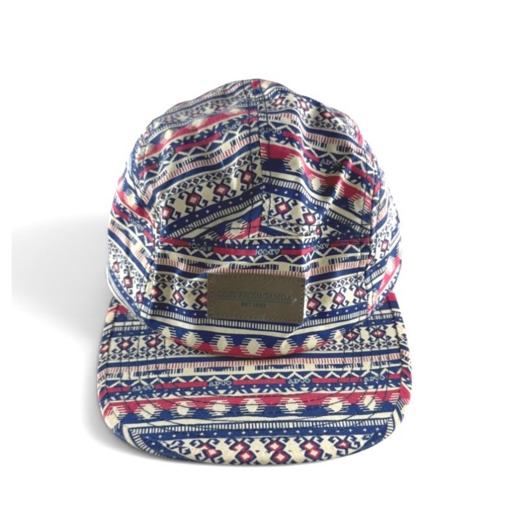 Obey Propaganda Mens 5 Panel Camper Hat Southwestern Geometric Print Red Navy